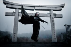 torii, traditional japanese gate, sakhalin, sword, warrior, cloak, cosplay, black and white, sword, sword, warrior, warrior, warrior, warrior, warrior, cosplay, cosplay